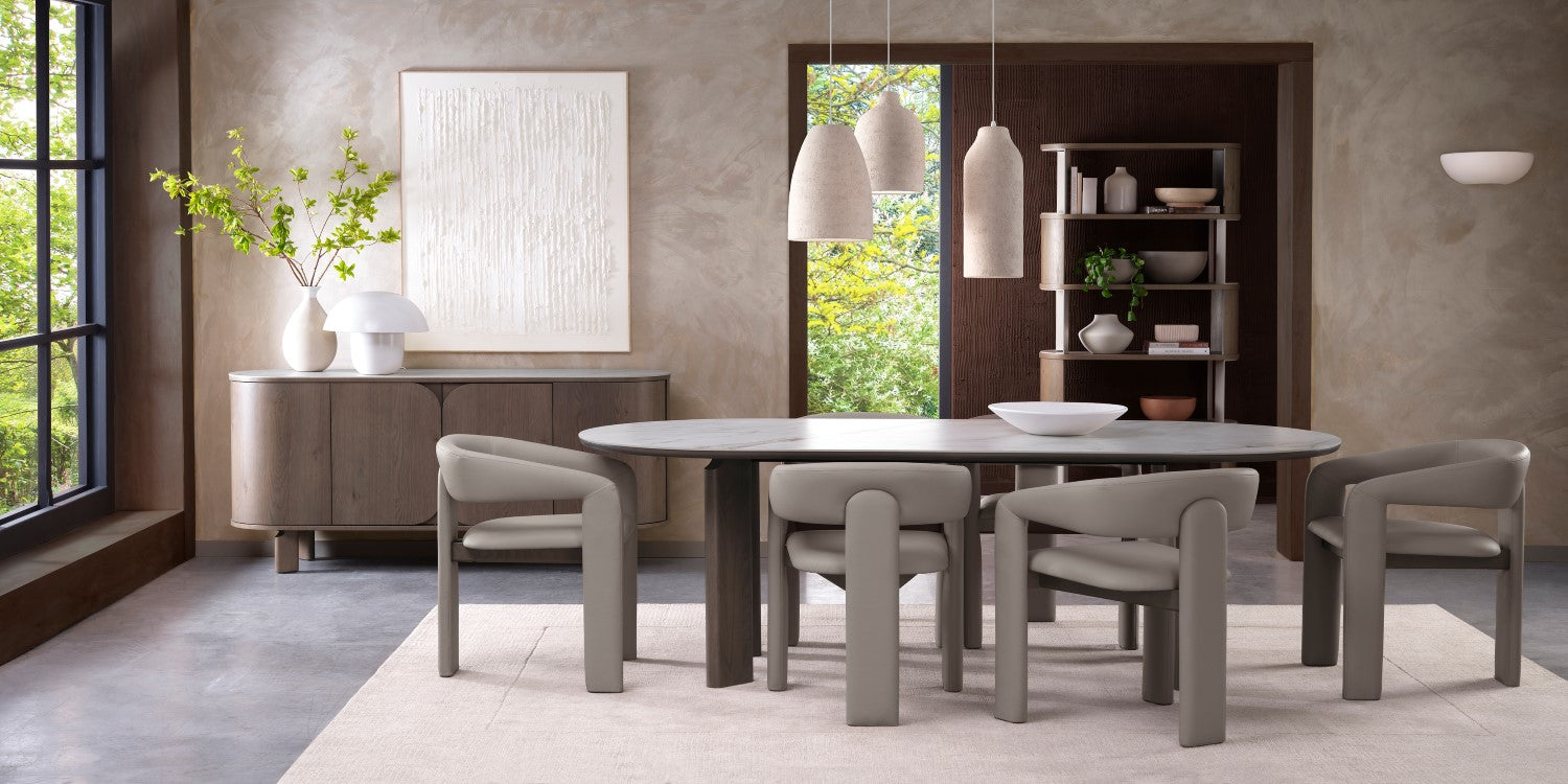 Grey Oiled Oak Large Oval Dining Table Marble Effect Top - Home Furniture Interiors