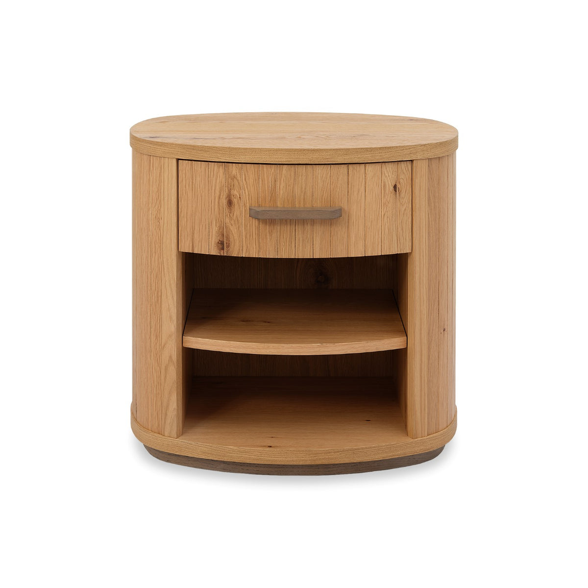 Weathered Oak Bentley Designs bedside cabinet with one drawer and curved design, featuring a natural wood finish and modern style.