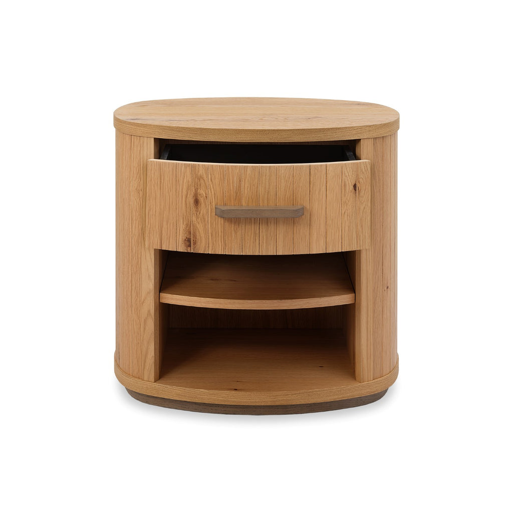 Weathered Oak Bentley Designs bedside cabinet with one drawer and curved design, suitable for bedroom storage and decor.