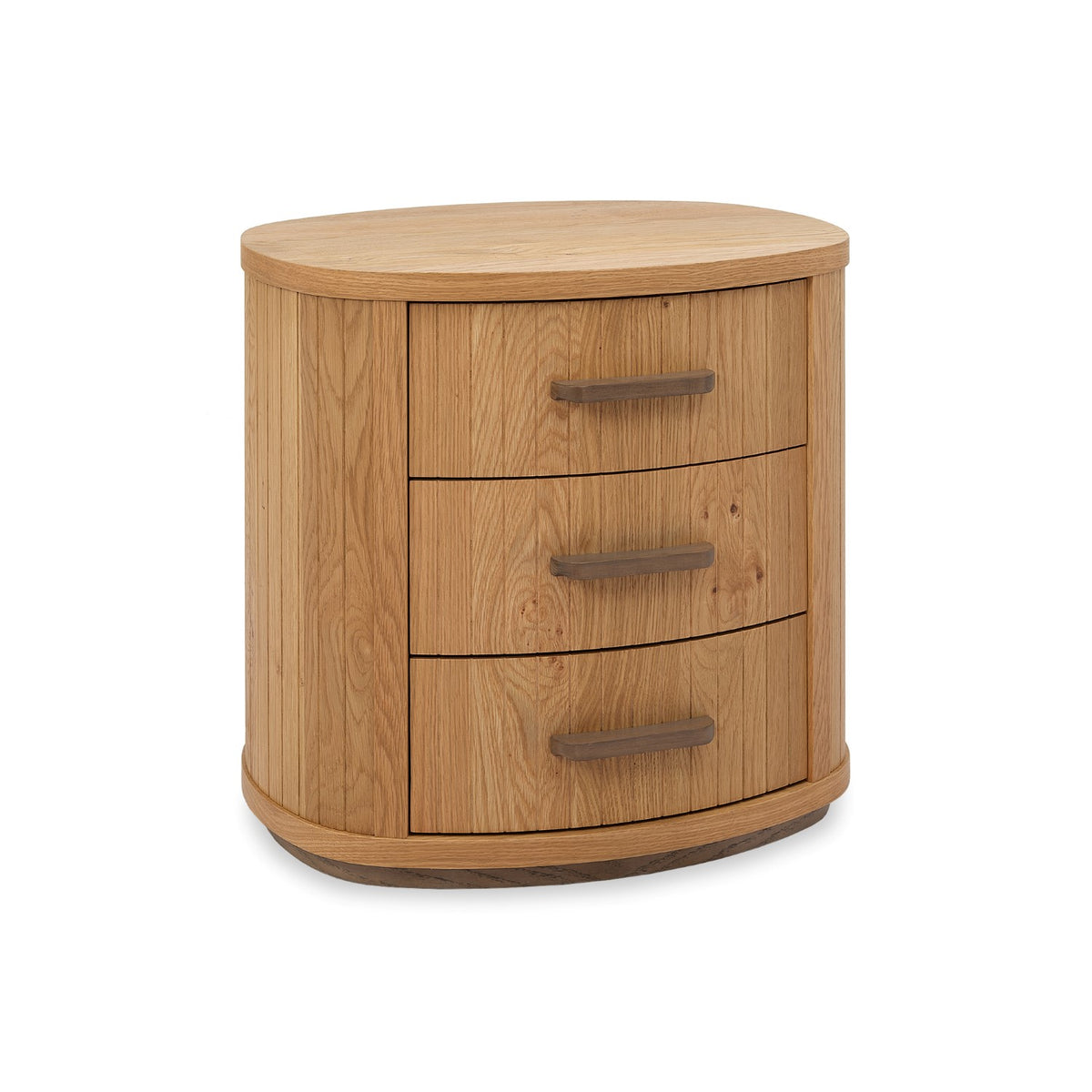 Weathered oak Bentley Designs bedside cabinet with three curved drawers, featuring a classic and rustic finish.