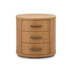 Weathered oak Bentley Designs bedside cabinet with three curved drawers, featuring a natural wood finish and elegant design.