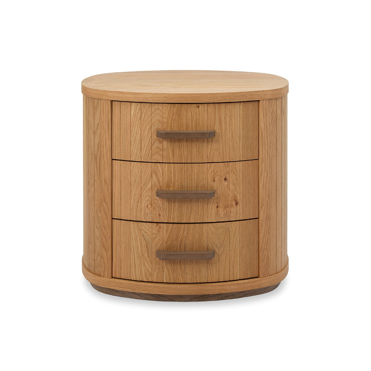 Weathered oak Bentley Designs bedside cabinet with three curved drawers, featuring a natural wood finish and elegant design.