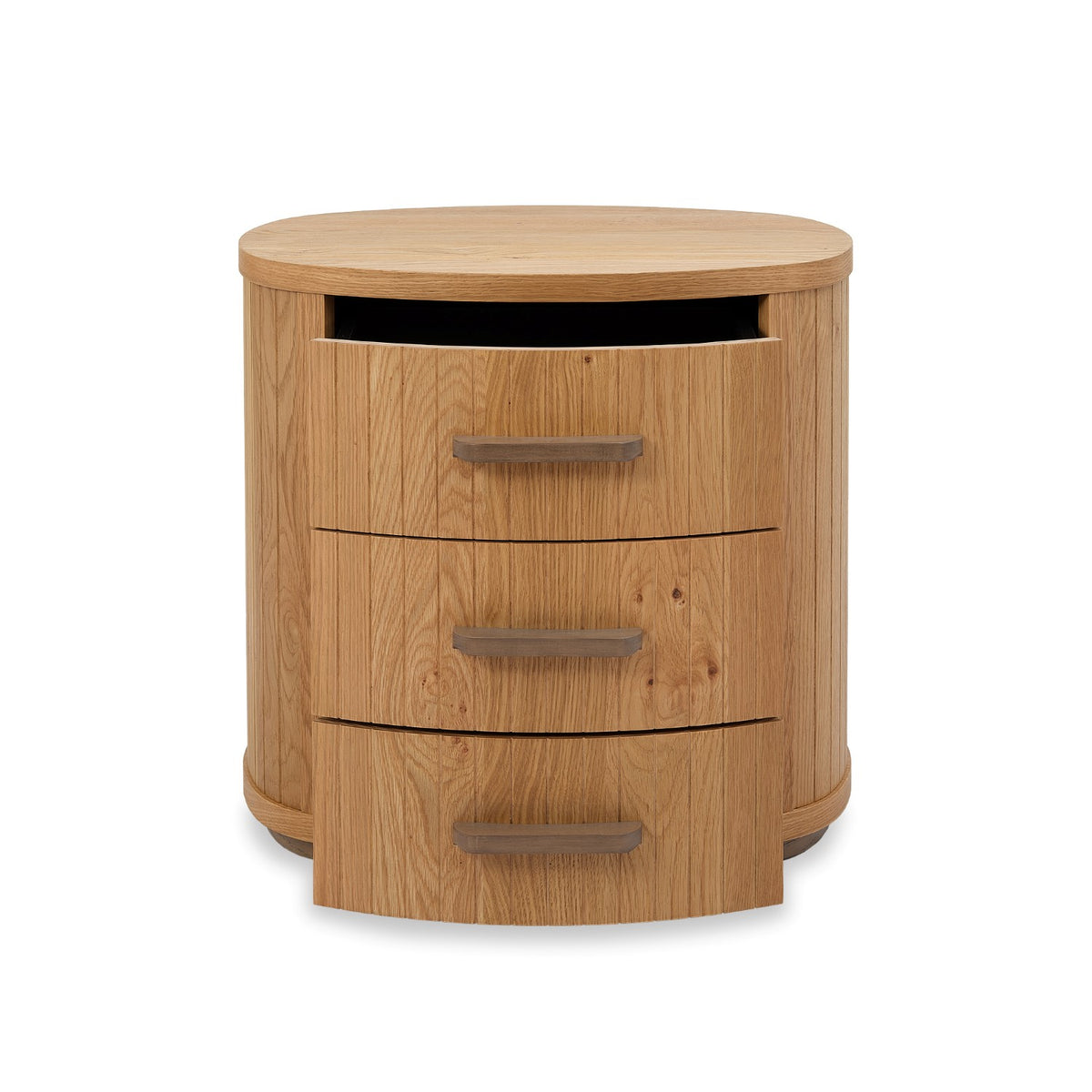 Weathered oak Bentley Designs bedside cabinet with 3 drawers and a curved design, perfect for bedroom storage.