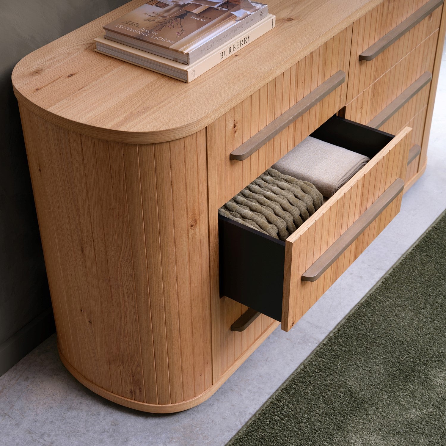 Weathered Oak Curved Chest of 6 Drawers - Home Furniture Interiors