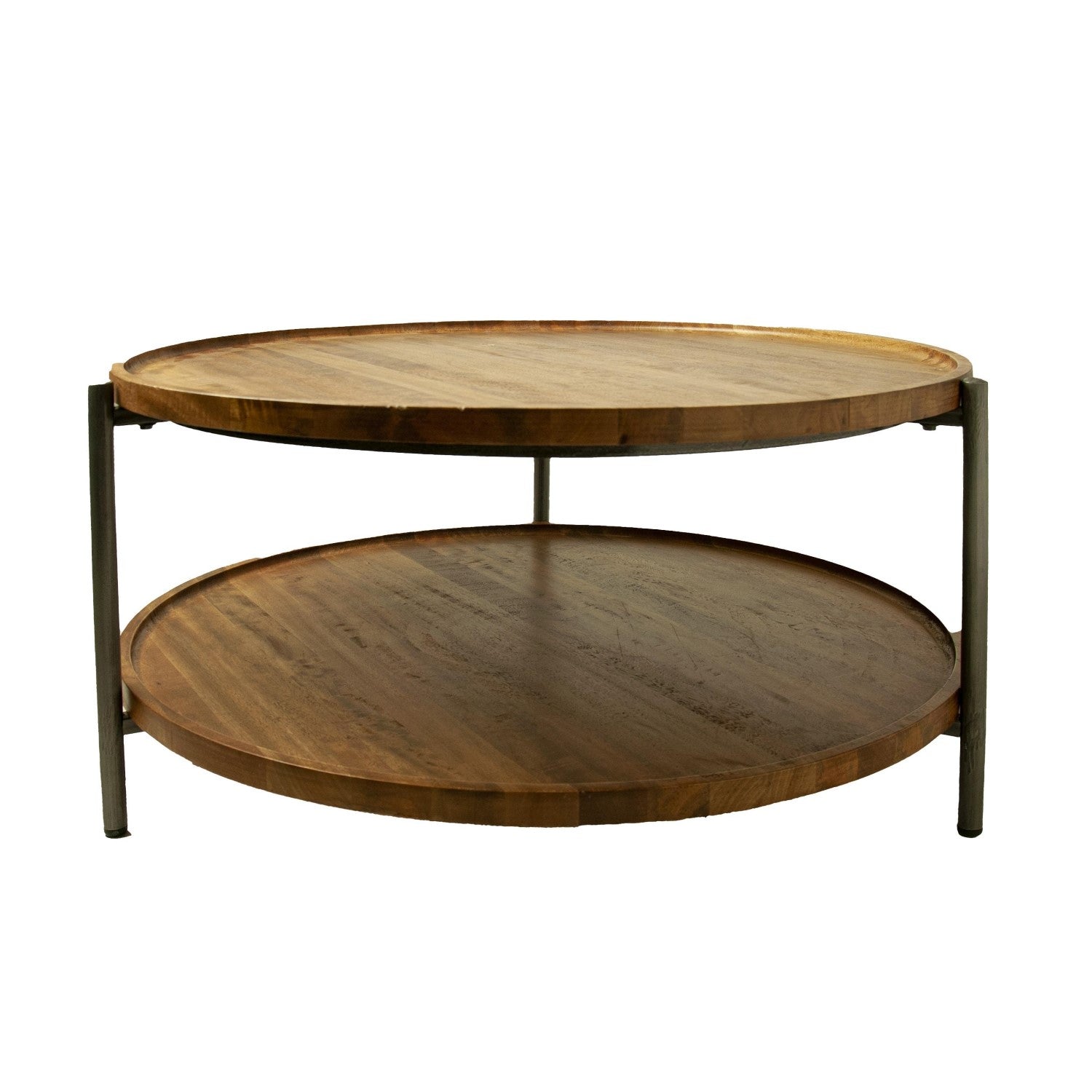 Modern Round Mango Wood Coffee Table with Gunmetal Frame and Display Shelf