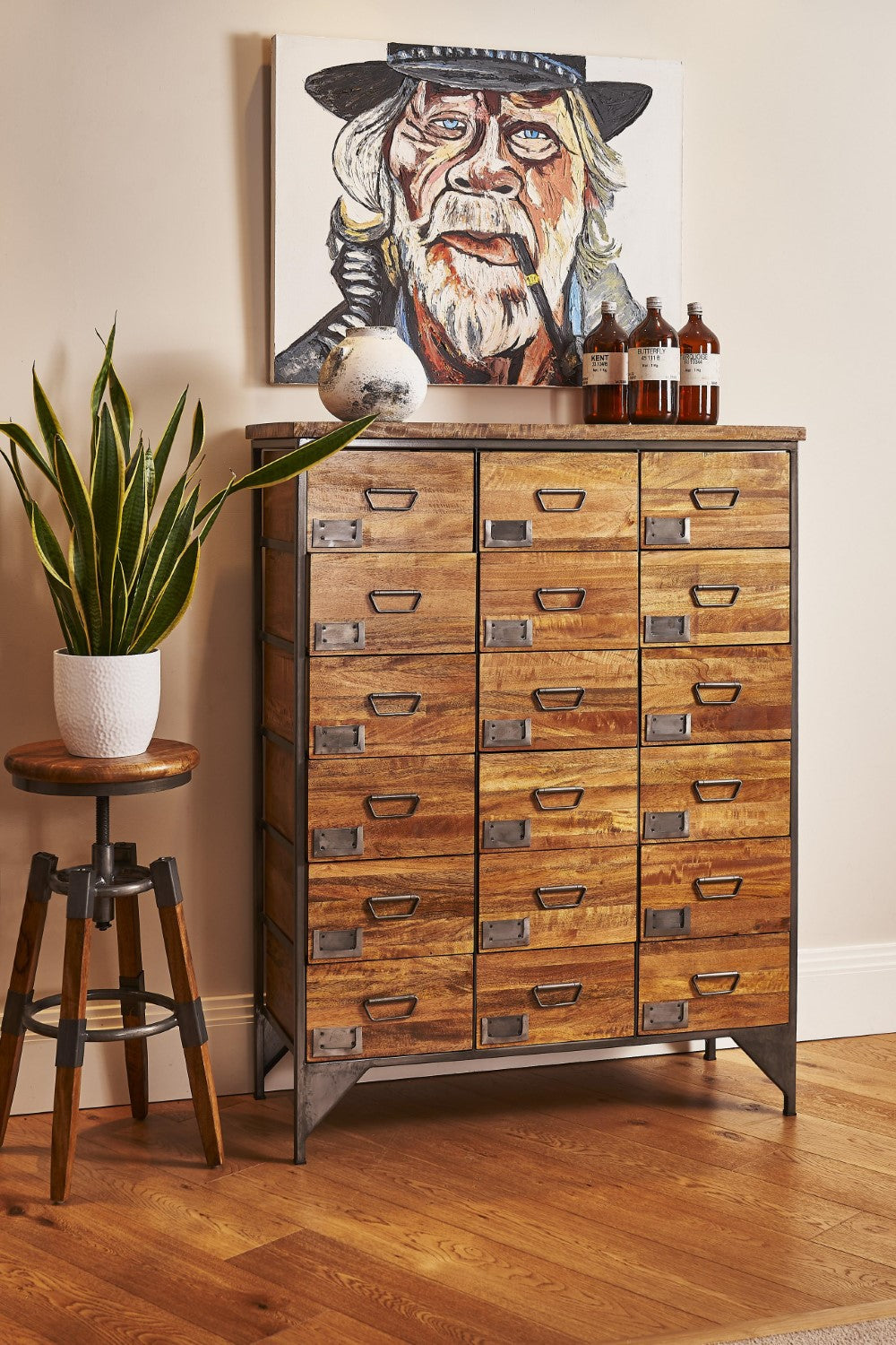 Industrial Mango Wood Apothecary 18 Drawer Storage Cabinet