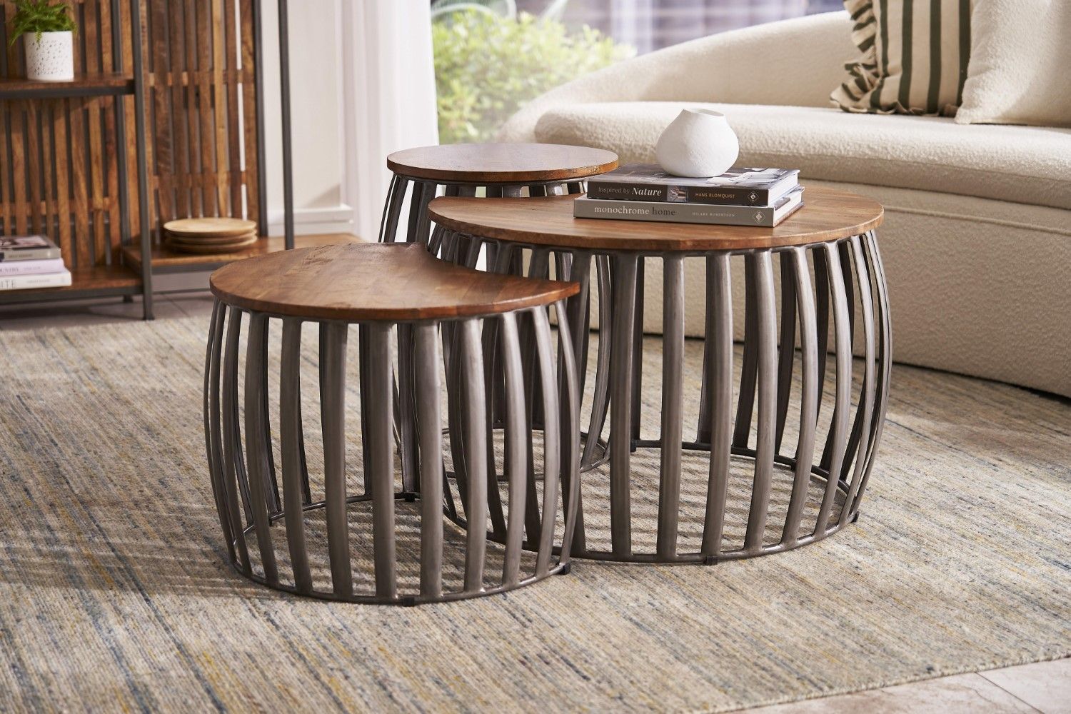 Grey Metal and Mango Wood Set of 3 Bunching Coffee Tables