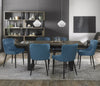 Weathered oak extending dining table with six blue velvet Bentley Designs chairs in a stylish table and chair set.