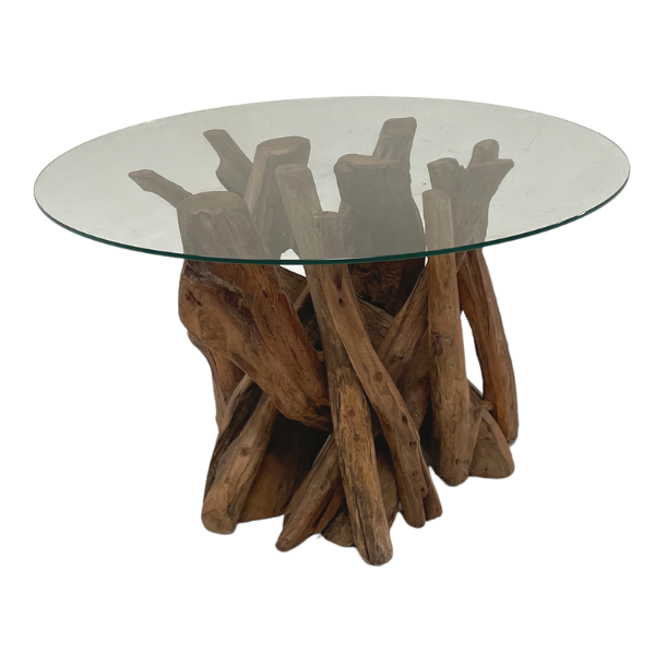 Modern Round Teak Root Coffee Table with Tempered Glass Top