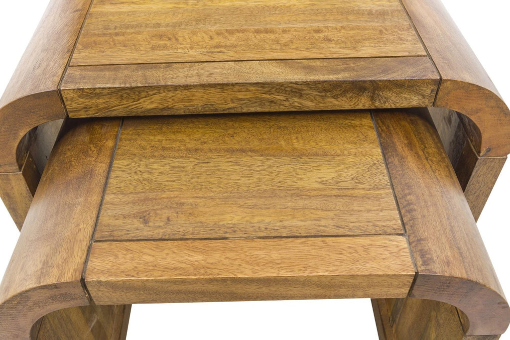 Curved Mango Wood Nest of 2 Side Lamp Occasional Tables Round Edges - Home Furniture Interiors
