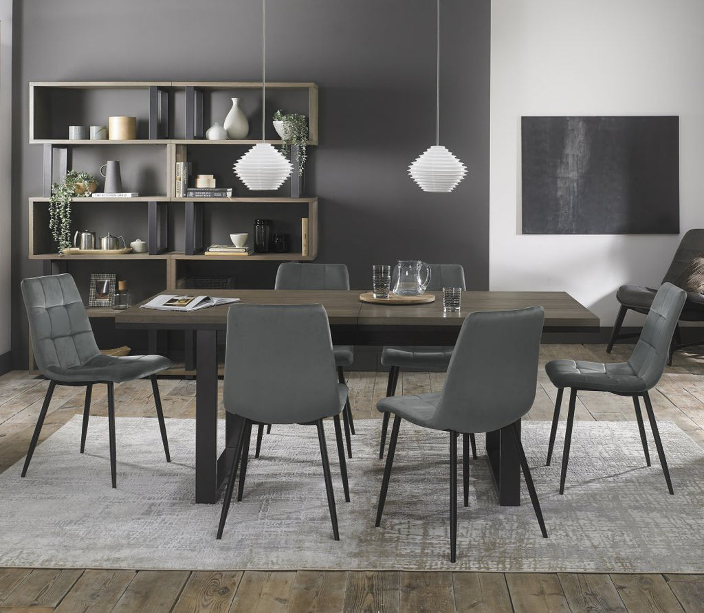 Oak Table 6 Grey Velvet Fabric Chairs Dining Set