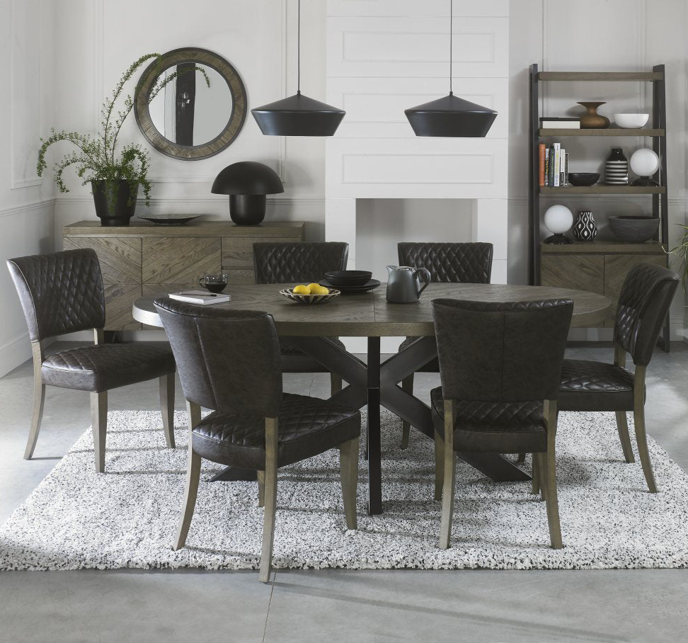 Dark Oak Oval Dining Table Set 6 Vintage Leather Chairs