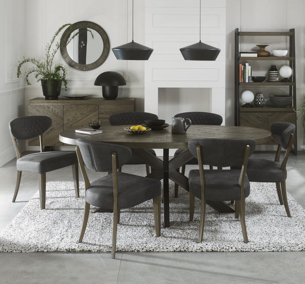 Dark Oak Large Oval Dining Table Set 6 Grey Fabric Chairs