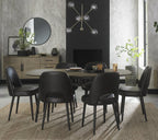 Weathered Oak dining table with six grey leather chairs, Bentley Designs table and chair set for stylish dining rooms.