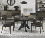 Dark Oak Small Round Dining Table Set 4 Grey Leather Chairs