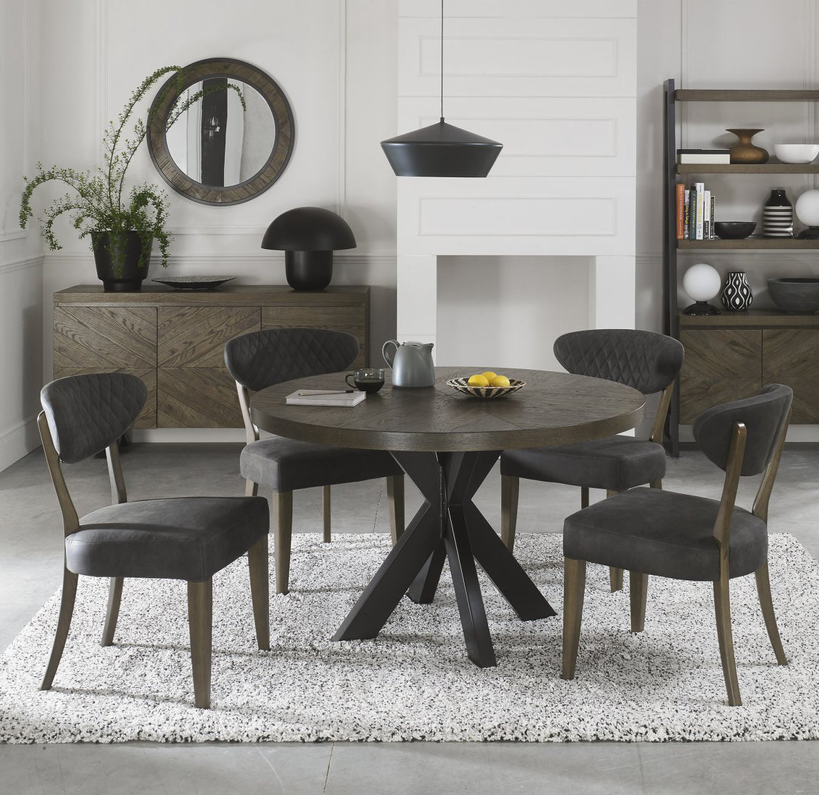 Dark Oak Round Dining Set Table 4 Dark Grey Fabric Chairs