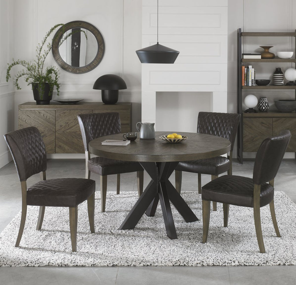 Dark Oak Small Round Dining Table Set 4 Grey Leather Chairs
