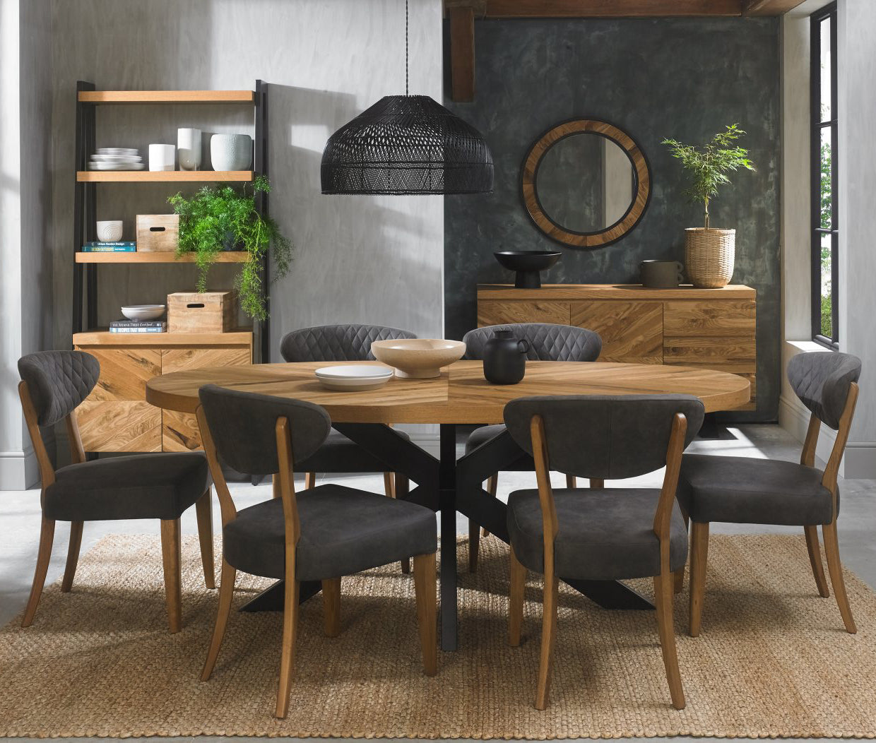 Rustic Oak Oval Dining Table Set 6 Dark Grey Fabric Chairs