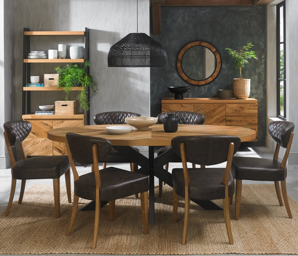 Rustic Oak Oval Dining Table x 6 Grey Leather Chair Set