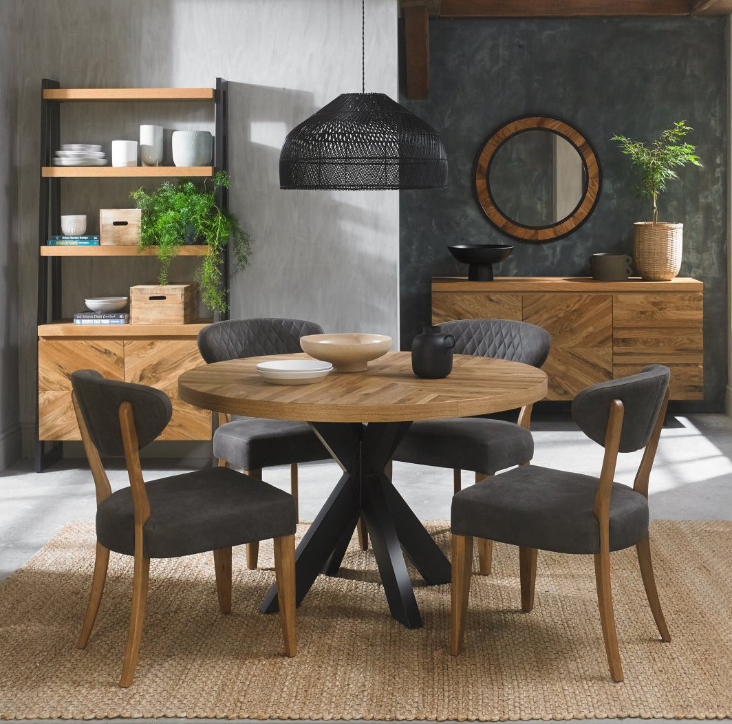 Rustic Oak Round Dining Table Set 4 Dark Grey Fabric Chairs
