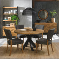 Rustic Oak Round Dining Table Set 4 Dark Grey Fabric Chairs