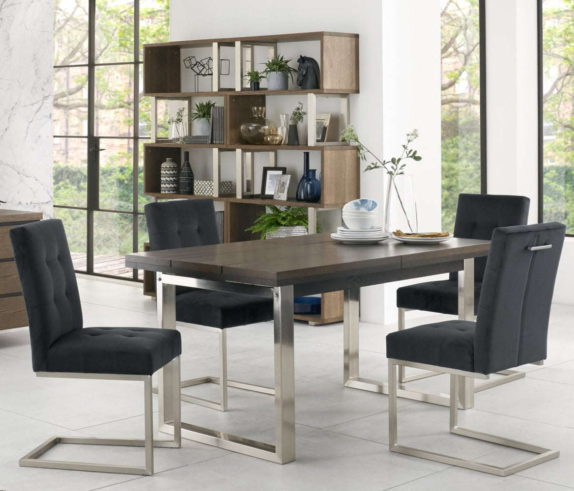 Dark Oak Chrome Extending Dining Set 4 Grey Velvet Chairs