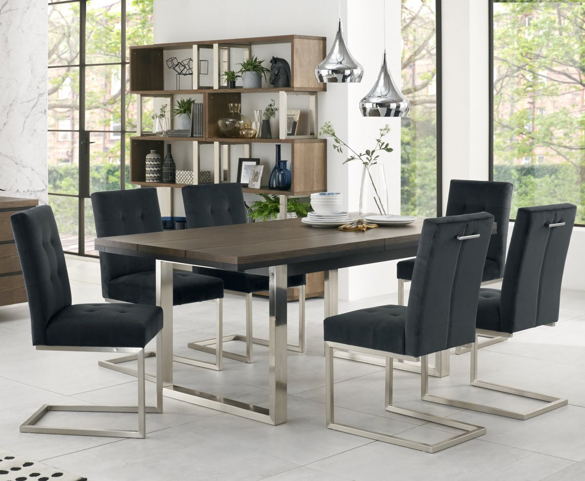 Dark Oak Chrome Extending Dining Set 6 Grey Velvet Chairs
