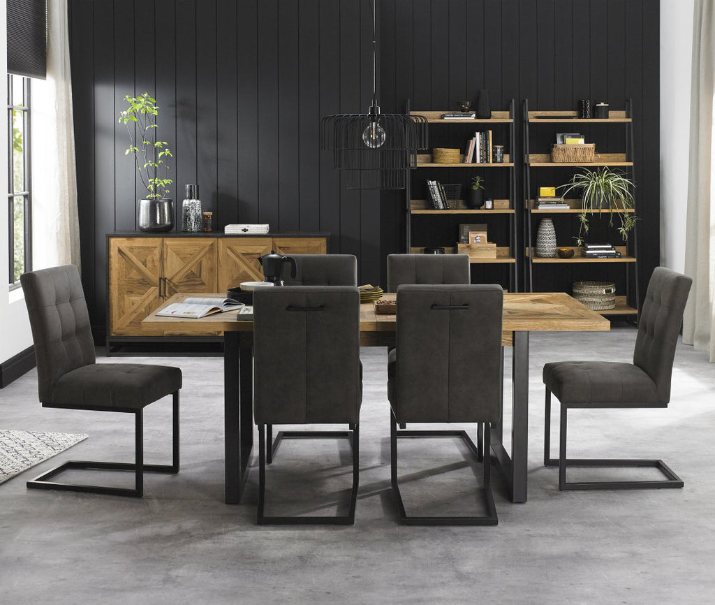 Rustic Oak Extending Dining Table 6 Dark Grey Fabric Chairs