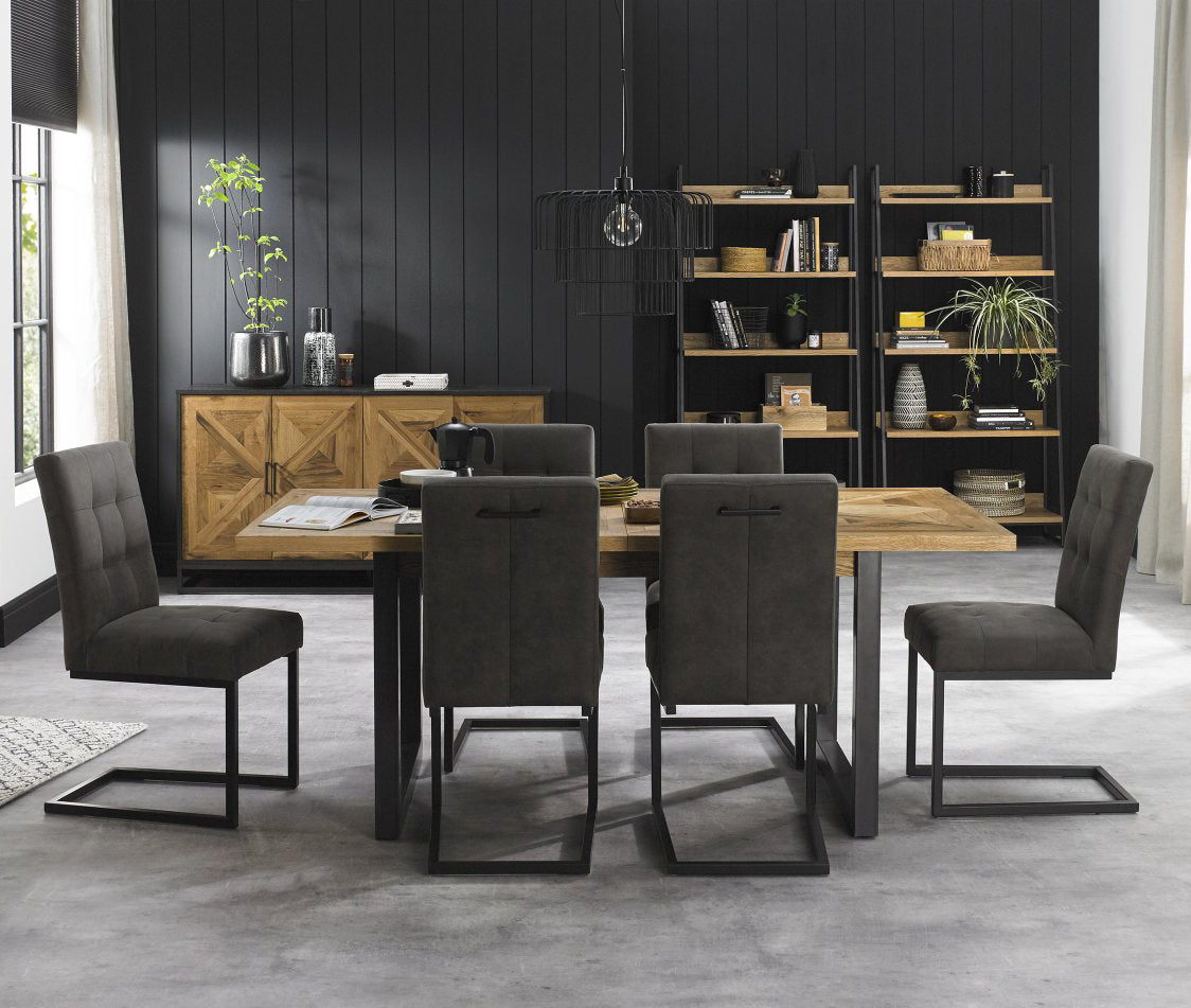 Rustic Oak Extending Dining Table 6 Dark Grey Fabric Chairs