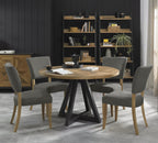 Rustic Oak Round Dining Table 4 Dark Grey Fabric Chairs