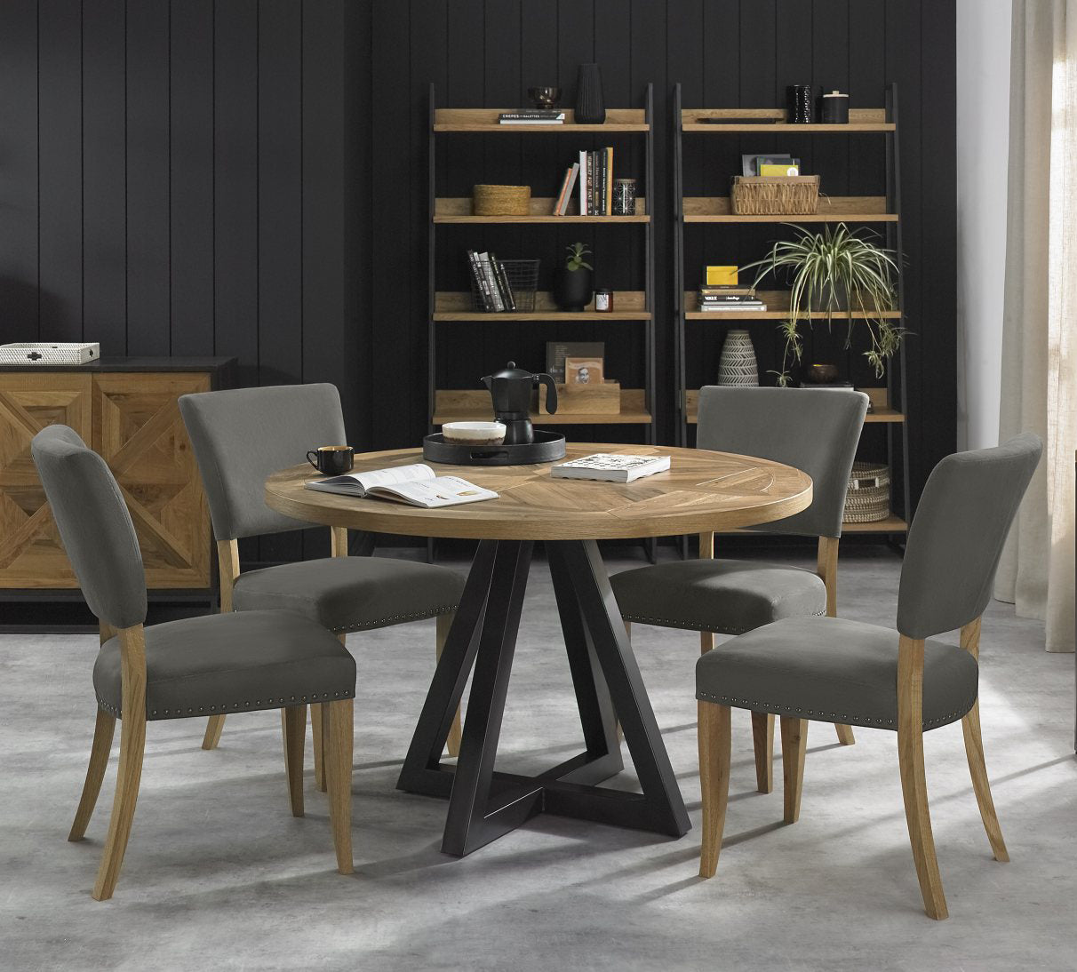 Rustic Oak Round Dining Table 4 Dark Grey Fabric Chairs