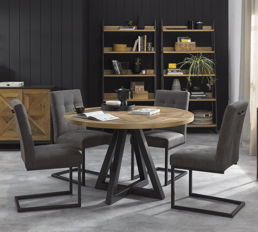 Rustic Oak Round Dining Table 4 Chairs in Dark Grey Fabric