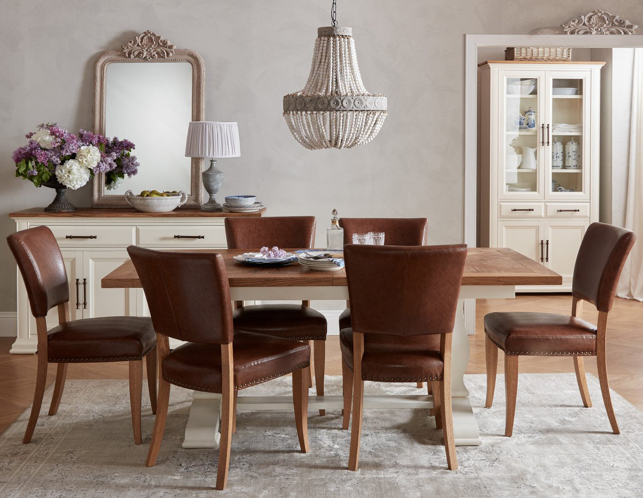 2 Tone Dining Table 6 Rustic Oak Chairs in Tan Leather