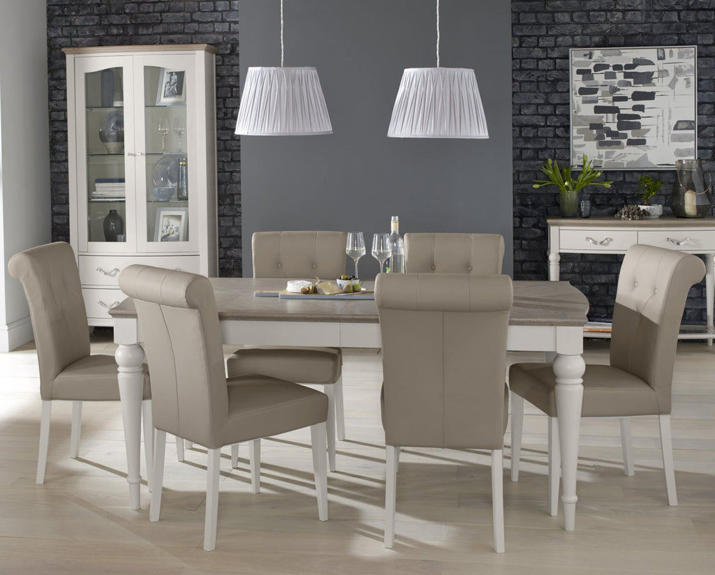Grey Oak Top Dining Table Set with 6 Grey Leather Chairs