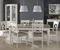 Washed oak top dining table with six grey leather chairs from Bentley Designs, modern table and chair set for dining room.