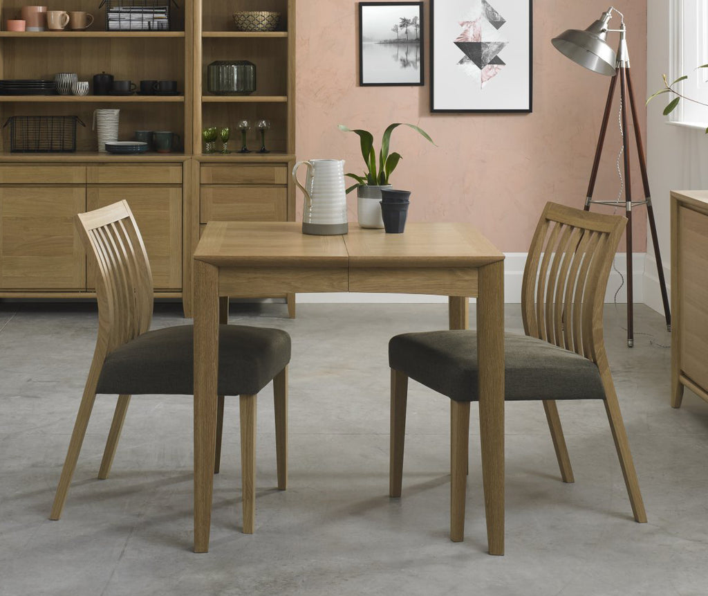 Oak Dining Table Set 2 Slat Back Chairs Black Gold Fabric