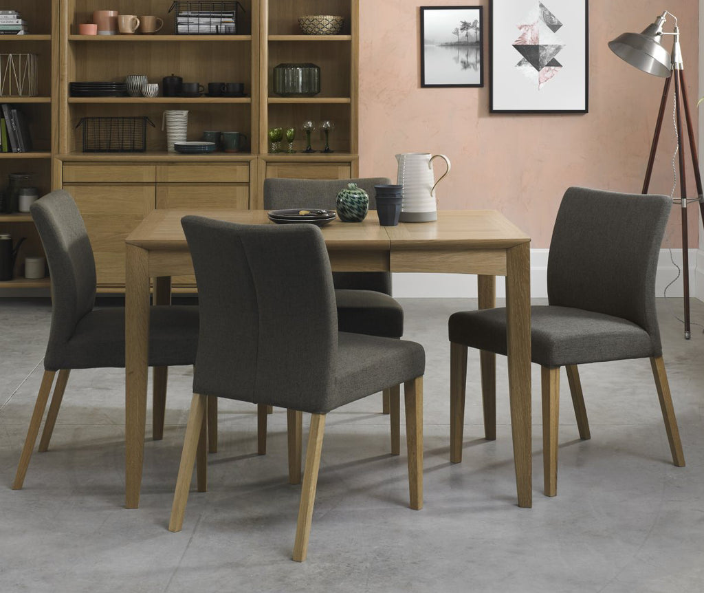 Oak Dining Table Set 4 Oak Chairs in Black Gold Fabric