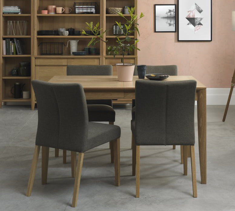 Oak 4 Dining Table And 4 Oak Chairs in Black Gold Fabric
