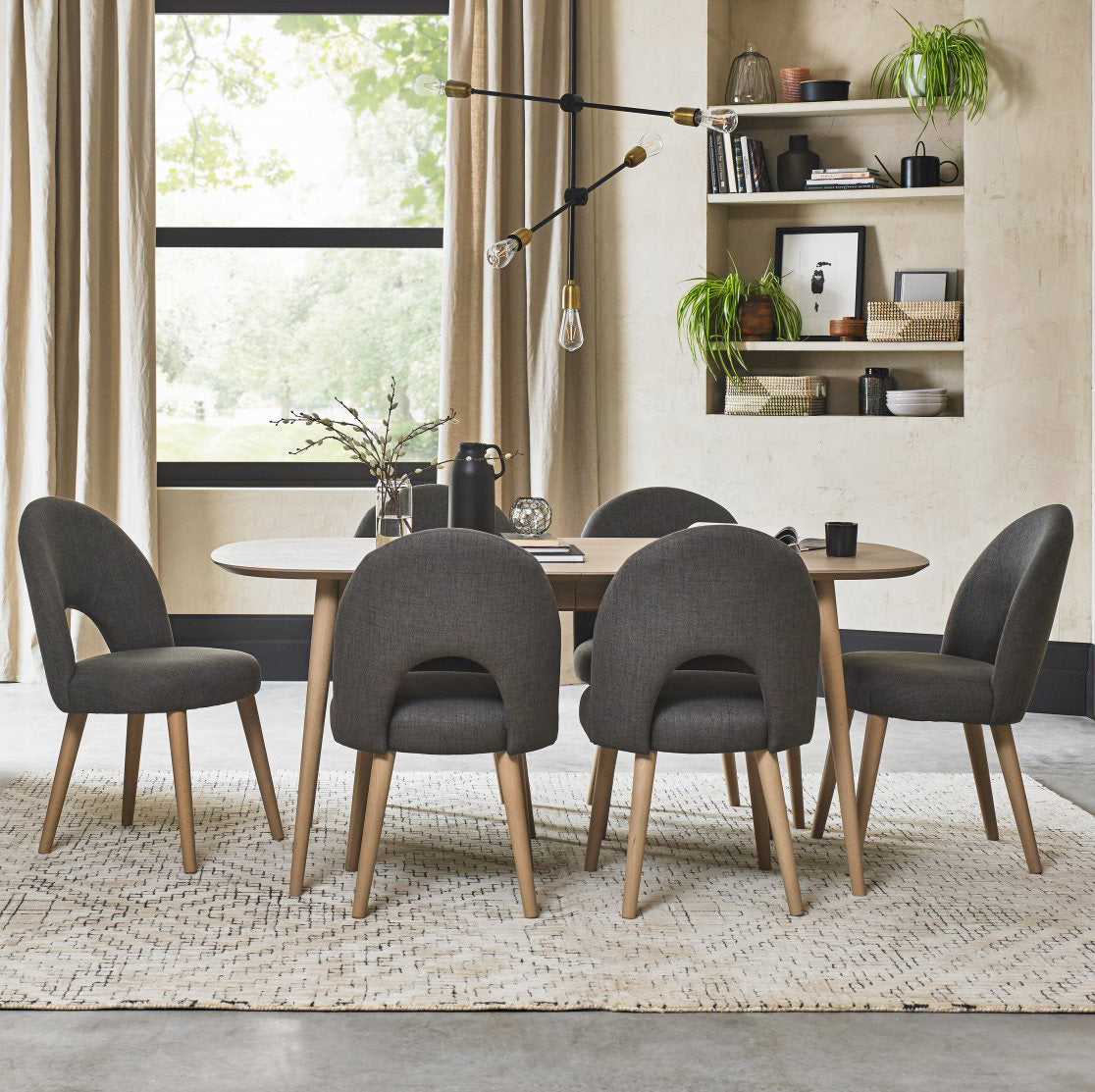 Oak Oval Extending Dining Table Set 6 Grey Fabric Chairs