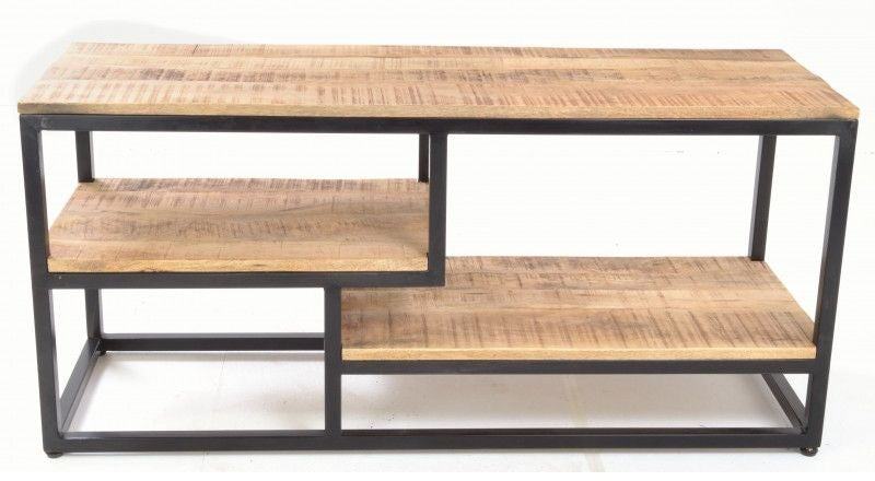 Industrial Brown Mango Wood Metal Media Unit with Open Shelves