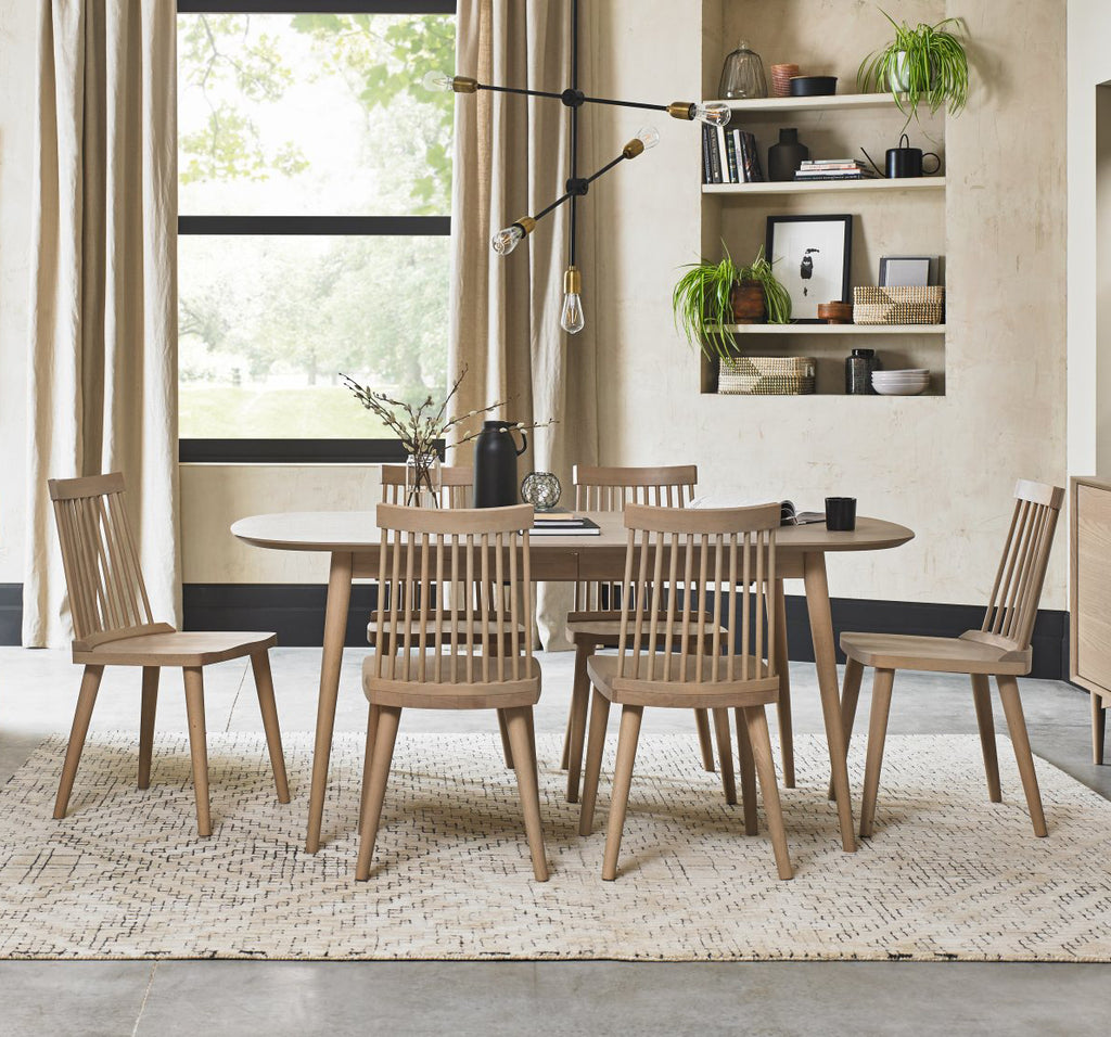 Scandi Oak Dining Table Set with 6 Spindle Back Chairs