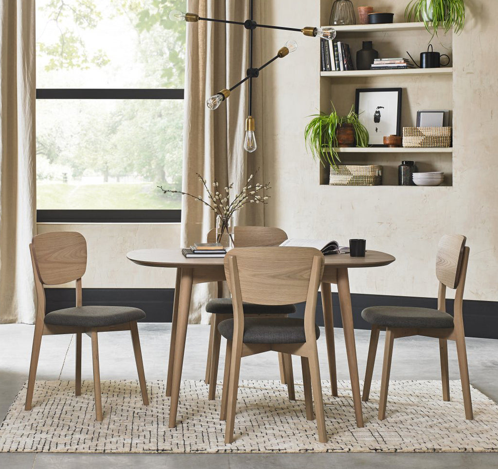 Oak Dining Table Set with 4 Oak Back Grey Fabric Chairs