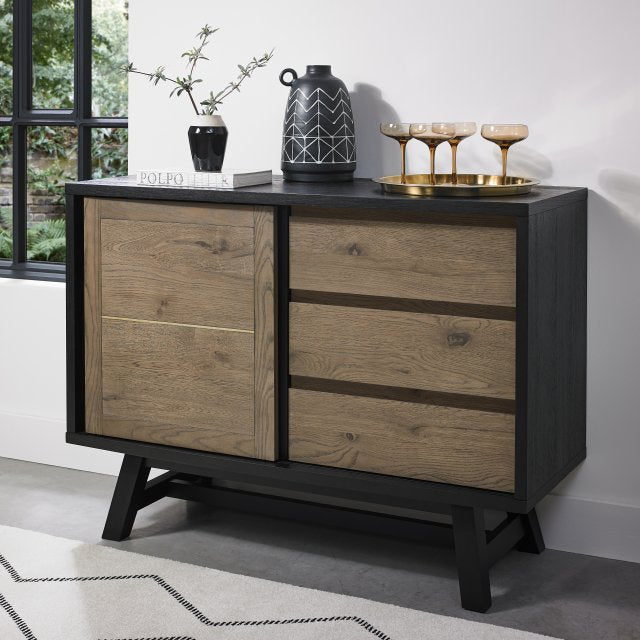 Weathered Oak Sliding Door Sideboard with 3 Drawers