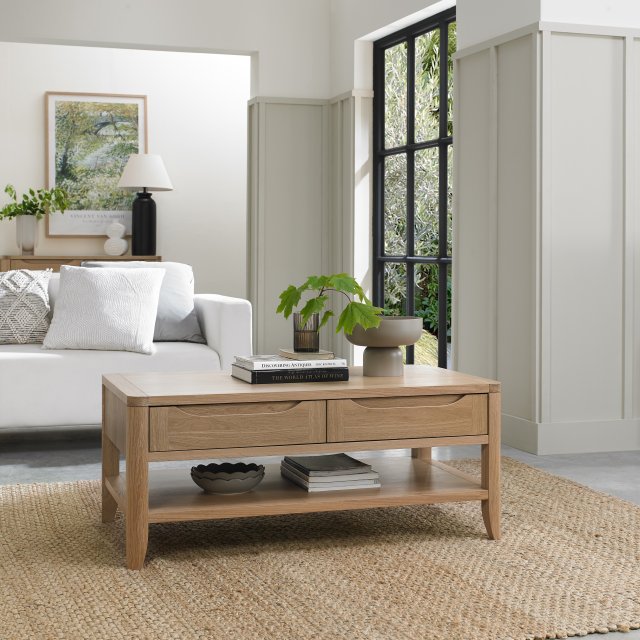 Oak Lacquer Finish 2 Drawer Coffee Table with Bottom Shelf