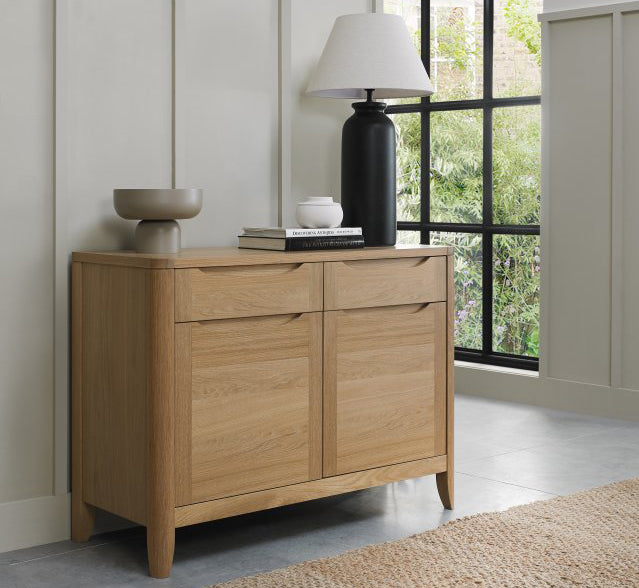 Oak Lacquered Finish 2 Door 2 Drawer Narrow Sideboard