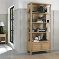 Tall oak lacquer finish open display shelving unit by Bentley Designs, showcasing multiple shelves for storage and display.