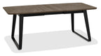 Weathered oak top extending dining table with black metal base by Bentley Designs, showcasing a modern, sturdy design.