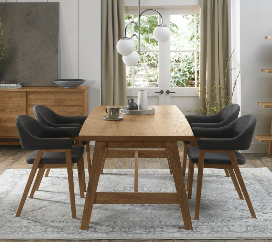 Rustic Oak Dining Table Set 4 Dark Grey Fabric Armchairs