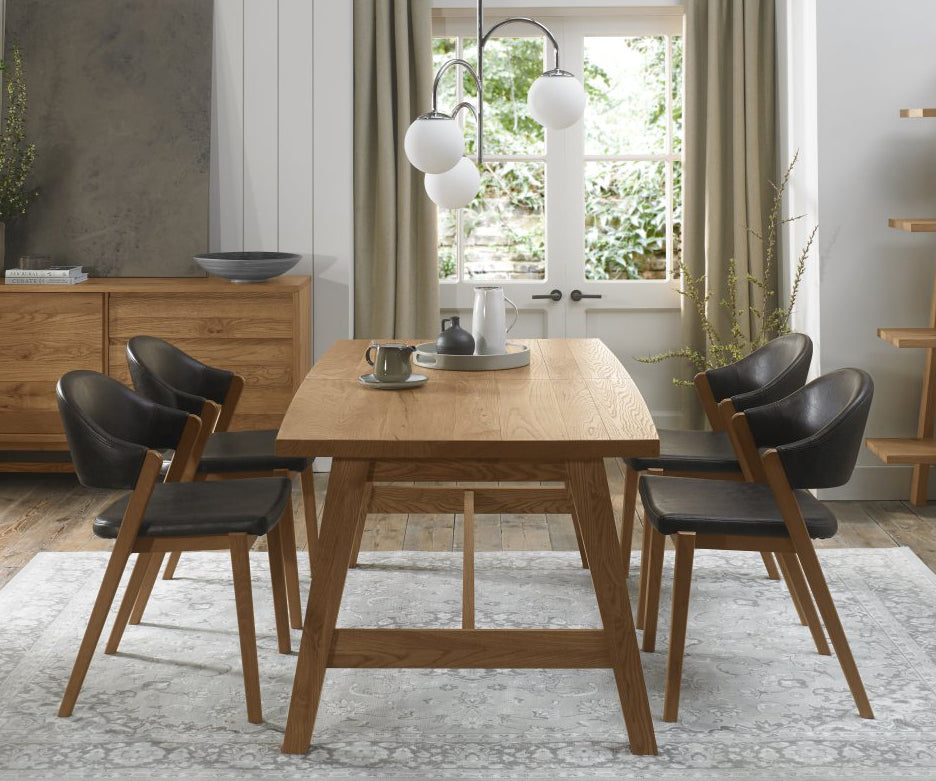 Rustic Oak Dining Table Set with 4 Oak Brown Leather Chairs
