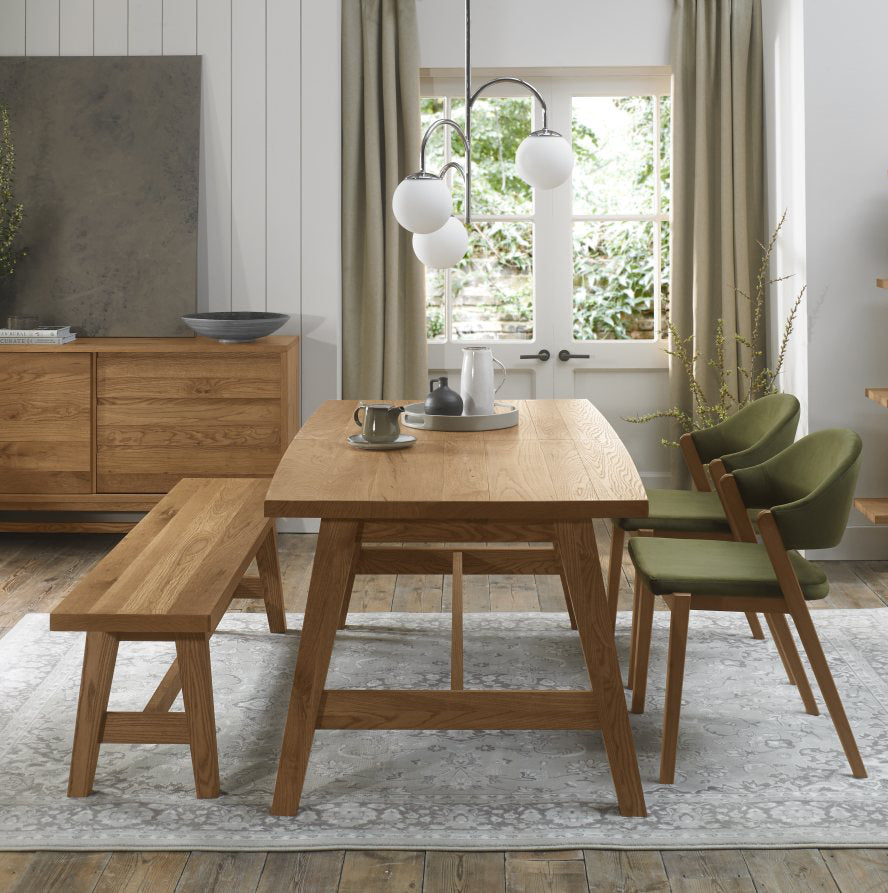 Rustic Oak Dining Set 2 Green Velvet Side Chairs and Bench